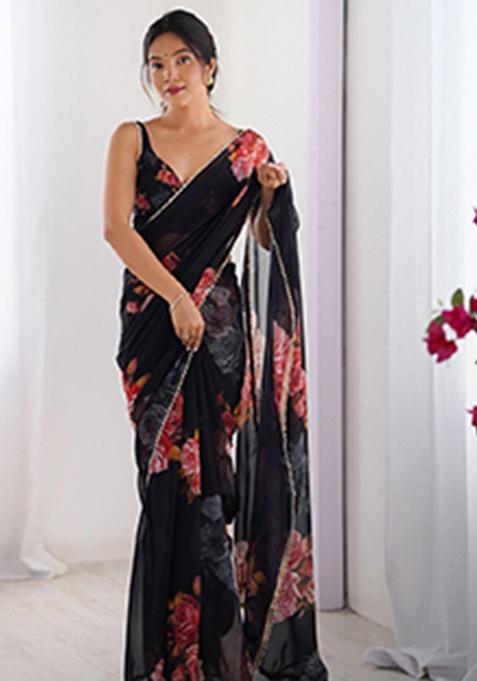 Black Printed Georgette Saree Set