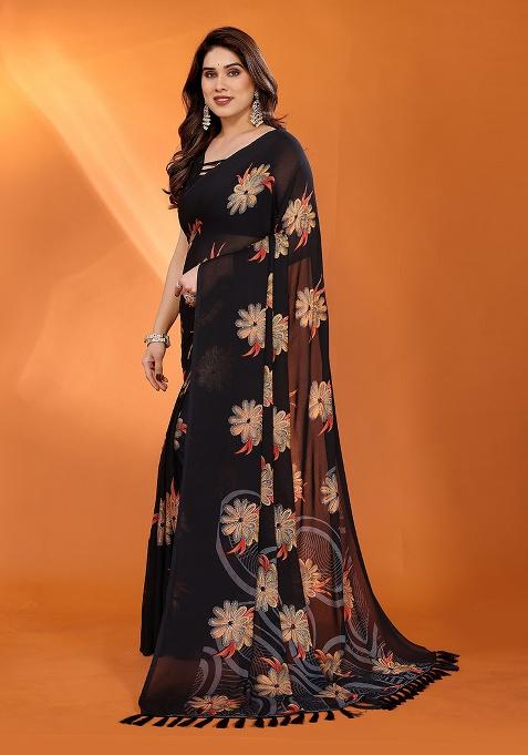 Black Printed Satin Saree Set