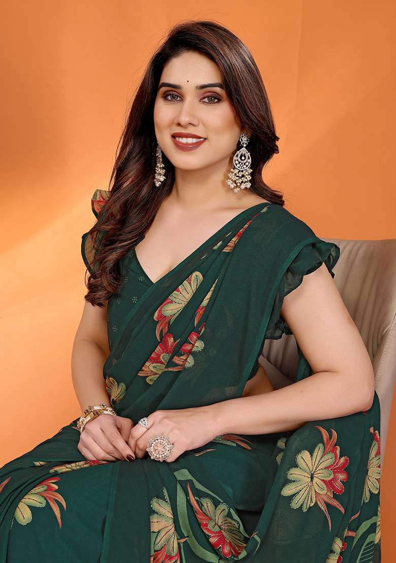 Green Satin Saree Set with Printed for Diwali | Wedding & Festive Wear - Indya