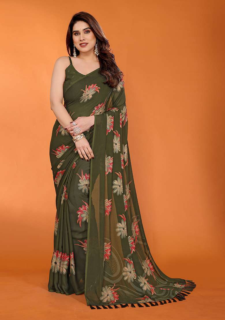 Green Printed Satin Saree Set for Diwali and Festive Wear - Indya