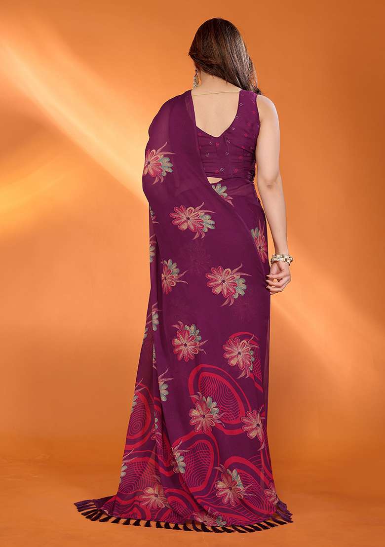 Purple Satin Saree Set with Printed for Diwali | Wedding & Festive Wear - Indya