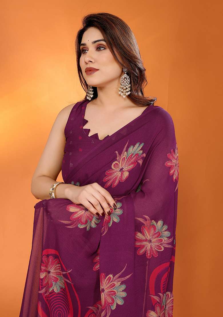 Purple Satin Saree Set with Printed for Diwali | Wedding & Festive Wear - Indya