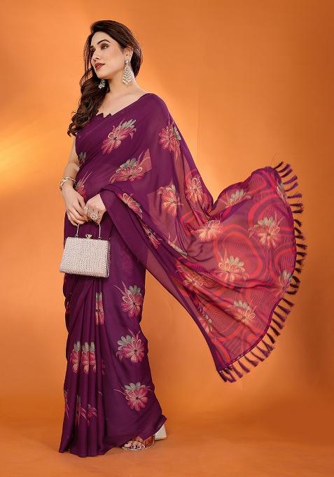 Purple Printed Satin Saree Set