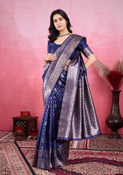 Blue Zari Work Silk Saree Set