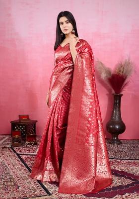 Red Zari Work Silk Saree Set