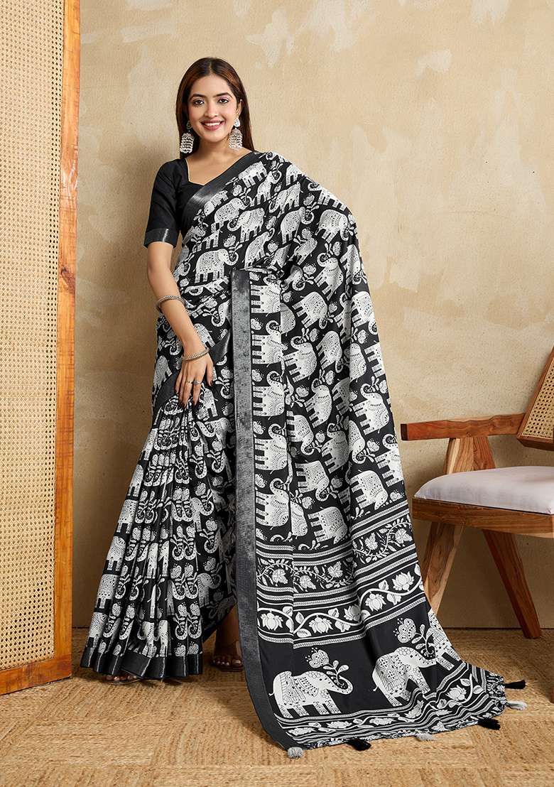 Black Silk Blend Saree Set with Printed for Diwali | Wedding & Festive Wear - Indya