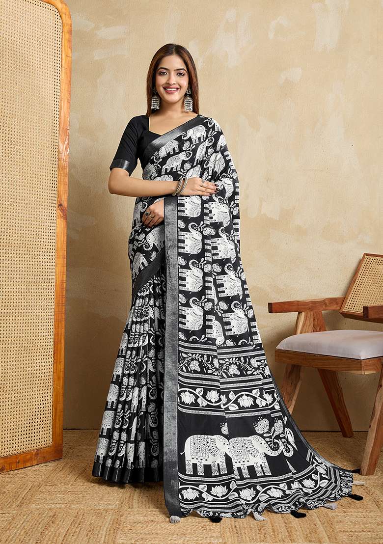 Black Silk Blend Saree Set with Printed for Diwali | Wedding & Festive Wear - Indya