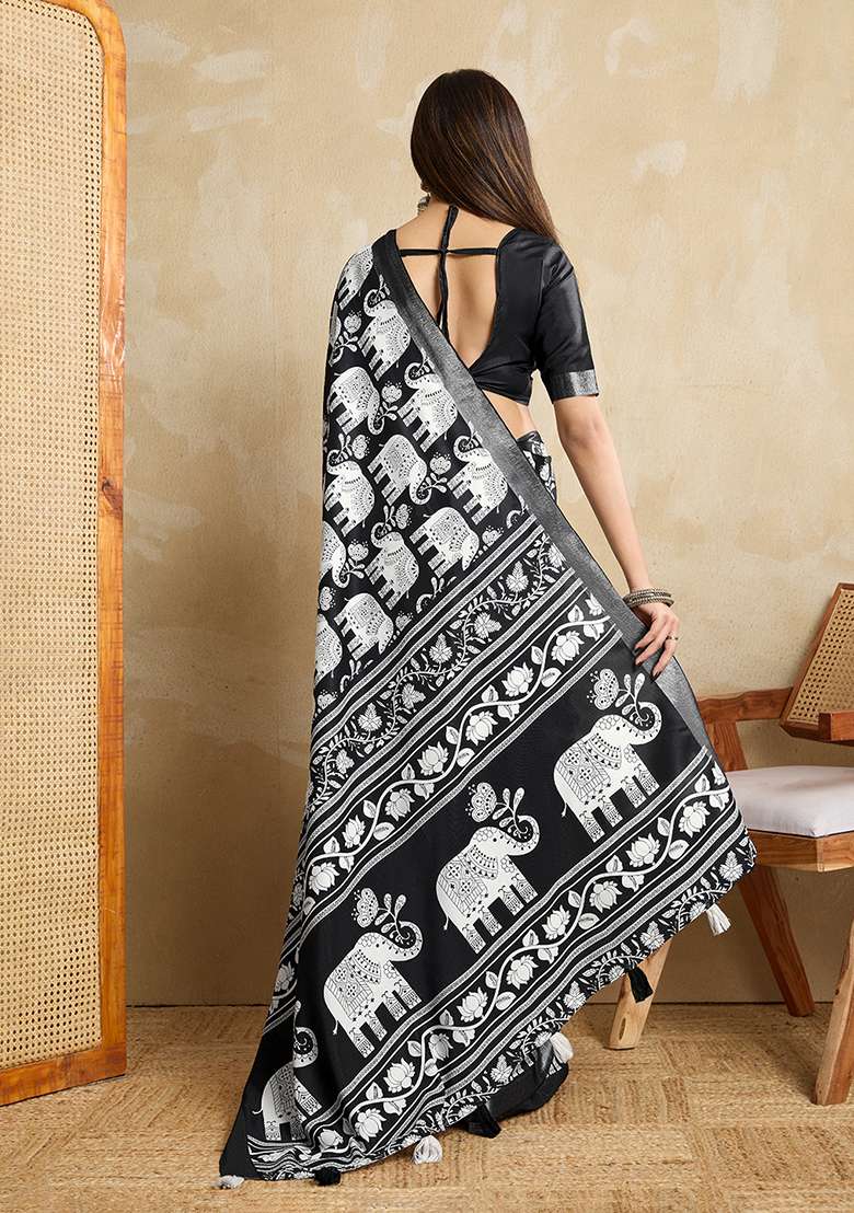 Black Silk Blend Saree Set with Printed for Diwali | Wedding & Festive Wear - Indya