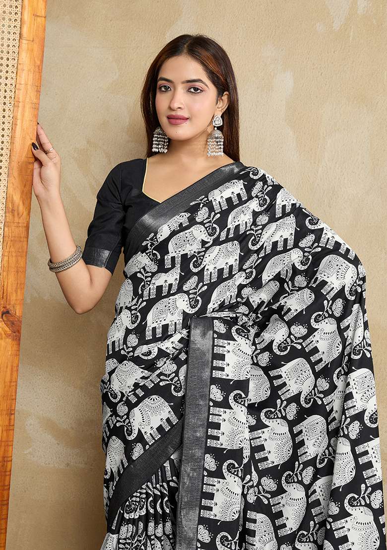 Black Silk Blend Saree Set with Printed for Diwali | Wedding & Festive Wear - Indya
