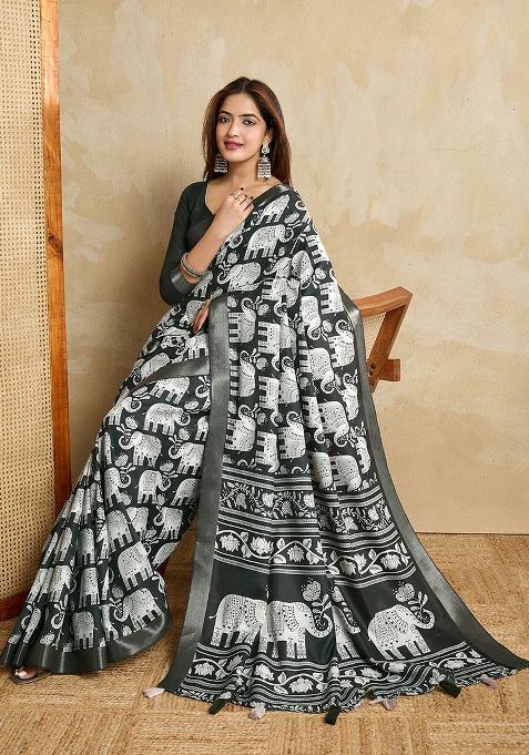 Green Printed Silk Saree Set