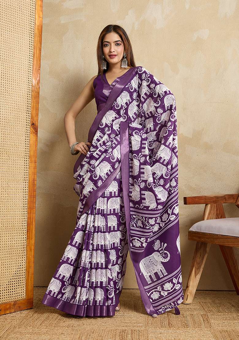 Purple Printed Silk Blend Saree Set for Diwali and Festive Wear - Indya