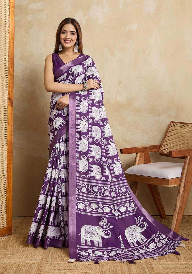 Purple Printed Silk Blend Saree Set for Diwali and Festive Wear - Indya