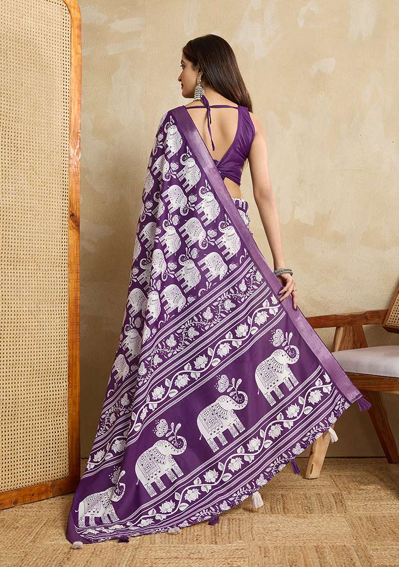 Purple Printed Silk Blend Saree Set for Diwali and Festive Wear - Indya