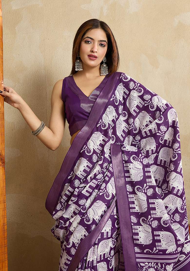 Purple Printed Silk Blend Saree Set for Diwali and Festive Wear - Indya