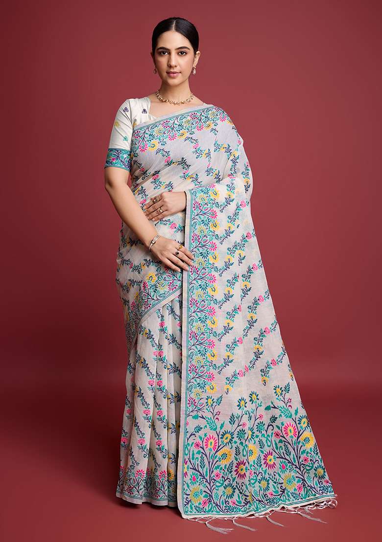 Green Printed Cotton Saree Set for Diwali and Festive Wear - Indya