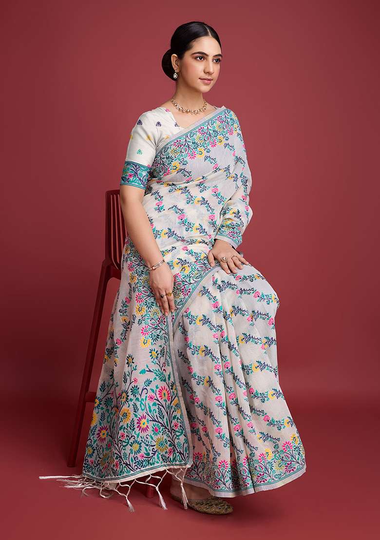 Green Printed Cotton Saree Set for Diwali and Festive Wear - Indya