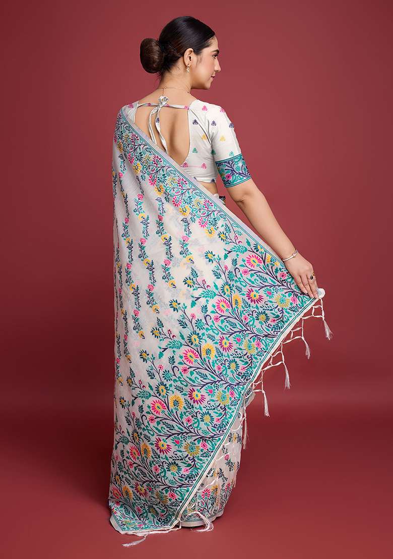 Green Printed Cotton Saree Set for Diwali and Festive Wear - Indya