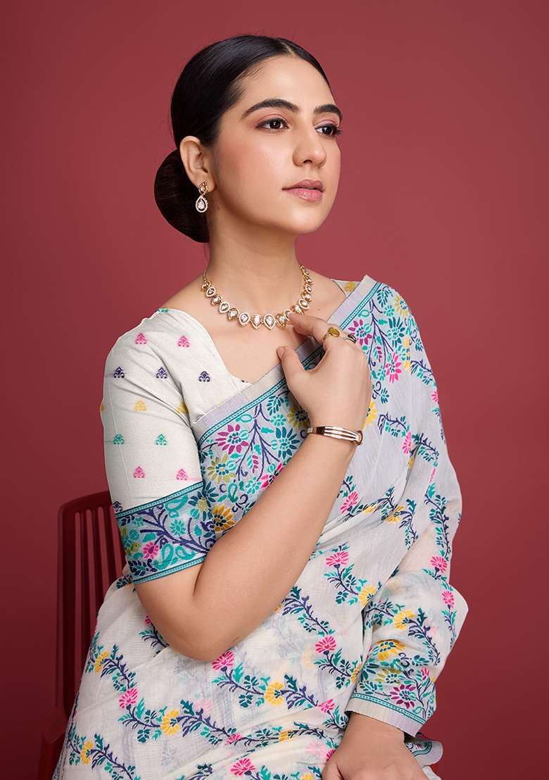 Green Printed Cotton Saree Set for Diwali and Festive Wear - Indya