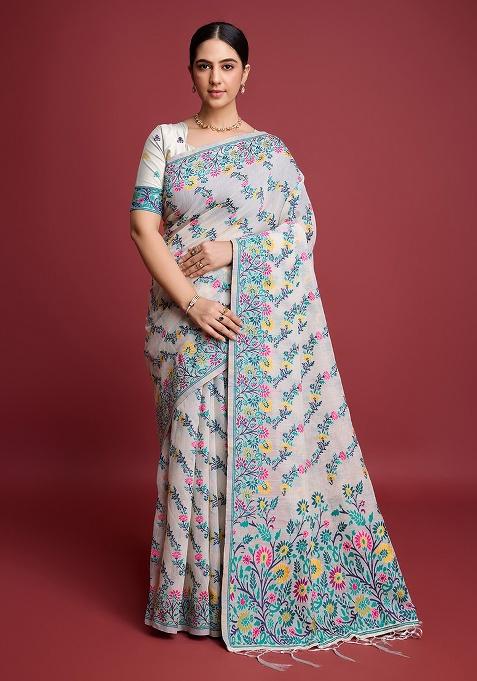 Green Printed Cotton Saree Set