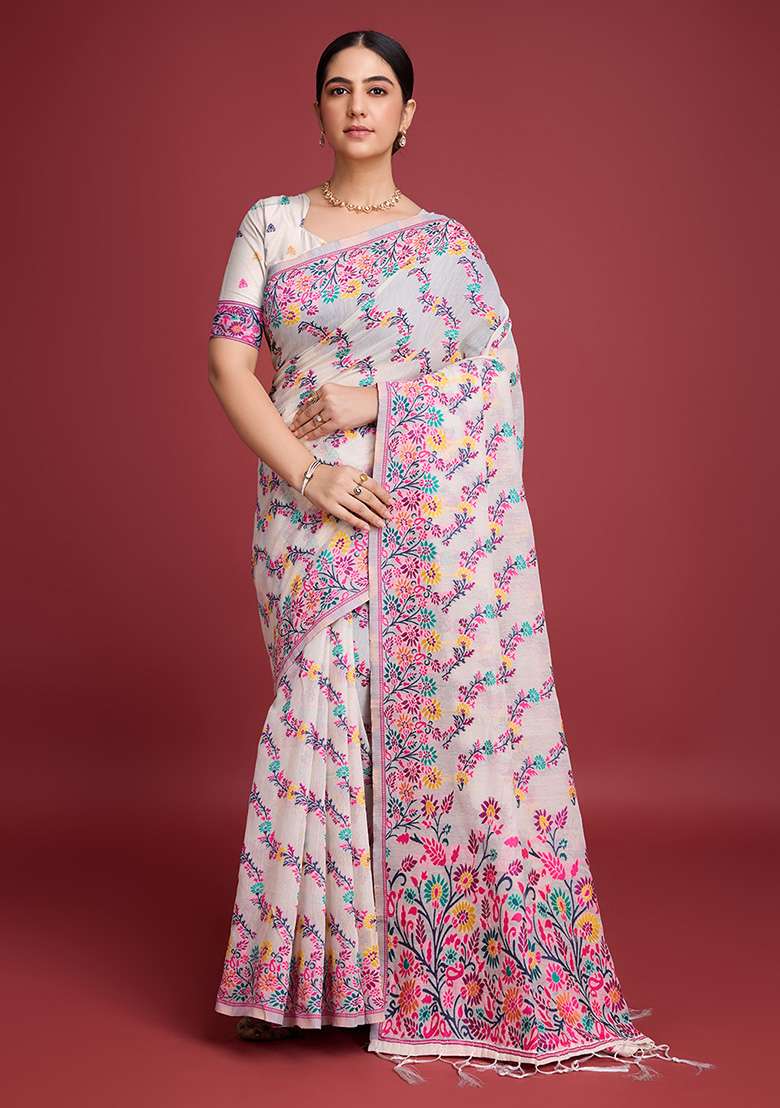 Pink Cotton Saree Set with Printed for Diwali | Wedding & Festive Wear - Indya
