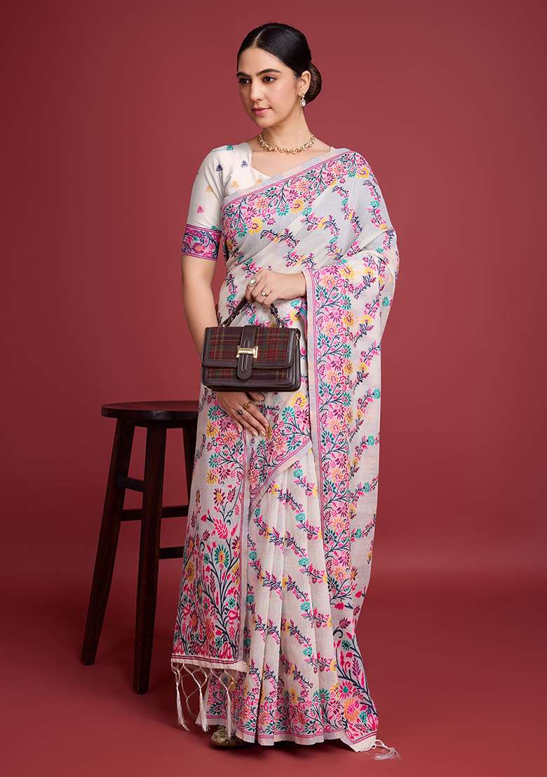 Pink Cotton Saree Set with Printed for Diwali | Wedding & Festive Wear - Indya