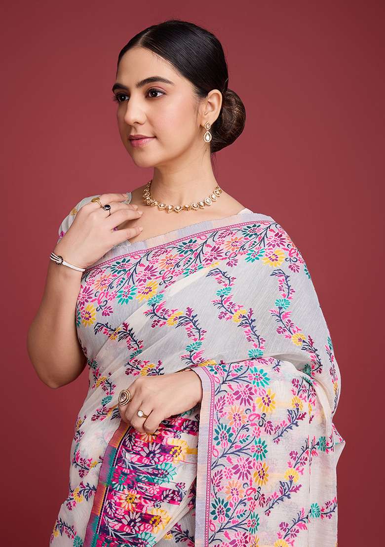Pink Cotton Saree Set with Printed for Diwali | Wedding & Festive Wear - Indya