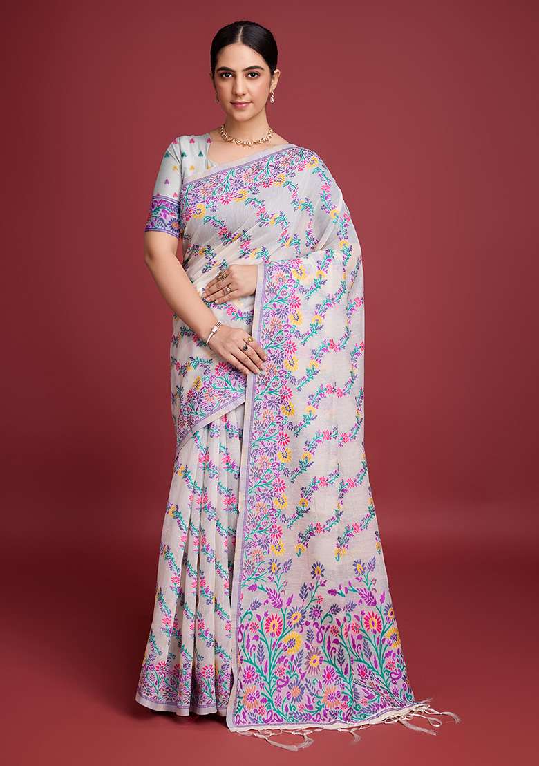 Purple Cotton Saree Set with Printed for Diwali | Wedding & Festive Wear - Indya