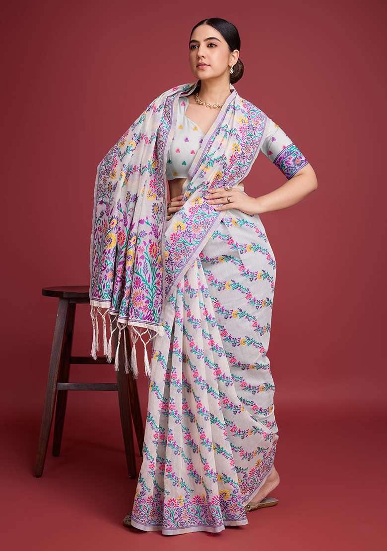 Purple Cotton Saree Set with Printed for Diwali | Wedding & Festive Wear - Indya