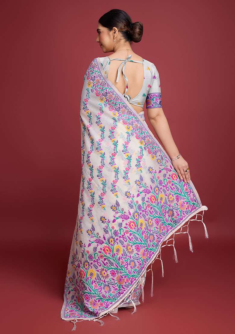 Purple Cotton Saree Set with Printed for Diwali | Wedding & Festive Wear - Indya