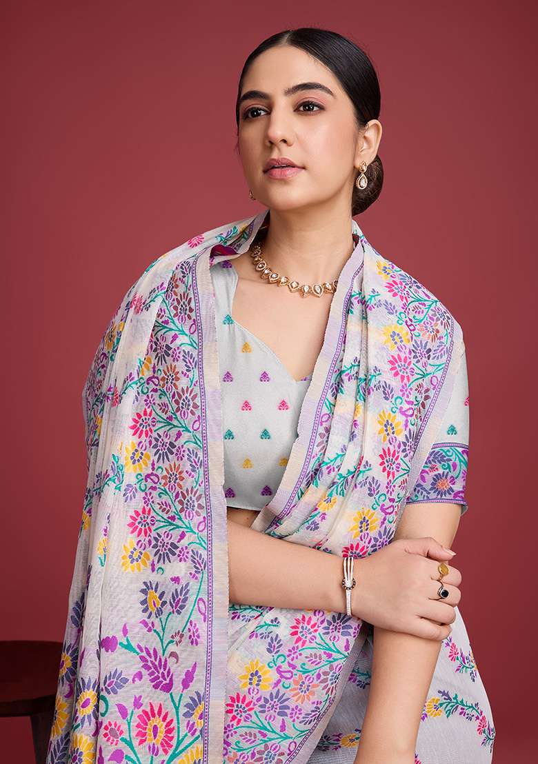 Purple Cotton Saree Set with Printed for Diwali | Wedding & Festive Wear - Indya