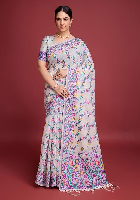 Purple Printed Cotton Saree Set
