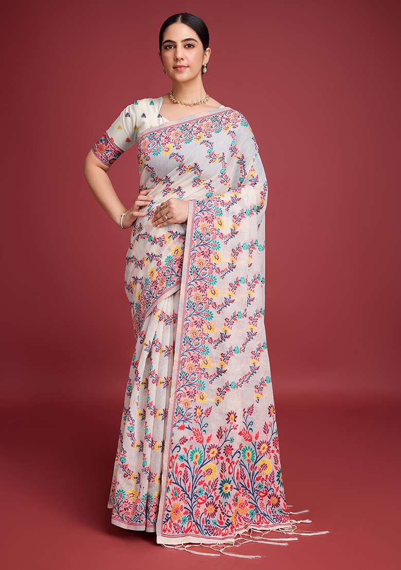Red Printed Cotton Saree Set for Diwali and Festive Wear - Indya