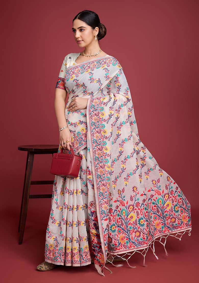 Red Printed Cotton Saree Set for Diwali and Festive Wear - Indya