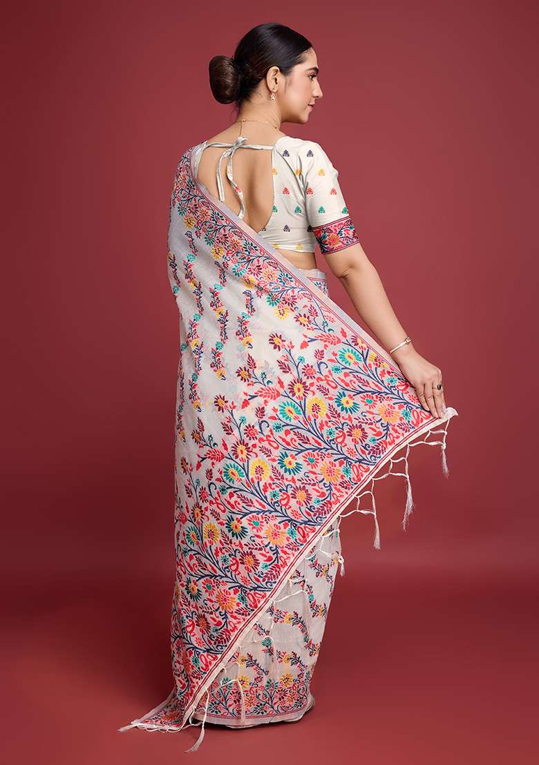 Red Printed Cotton Saree Set for Diwali and Festive Wear - Indya
