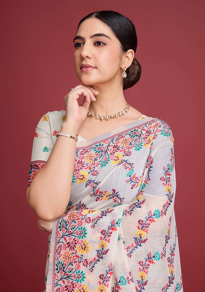 Red Printed Cotton Saree Set for Diwali and Festive Wear - Indya