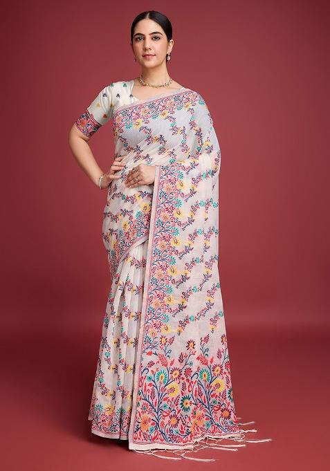 Red Printed Cotton Saree Set