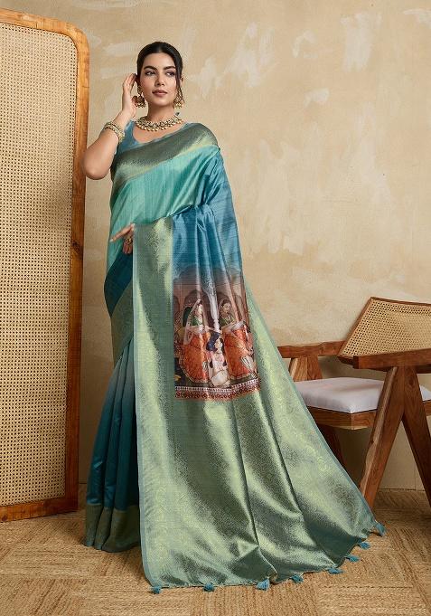Blue Printed Silk Saree Set