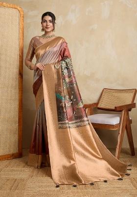 Brown Printed Silk Saree Set