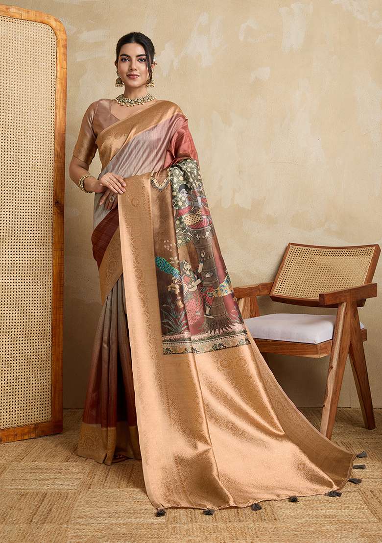 Brown Silk Blend Saree Set with Printed for Diwali | Wedding & Festive Wear - Indya