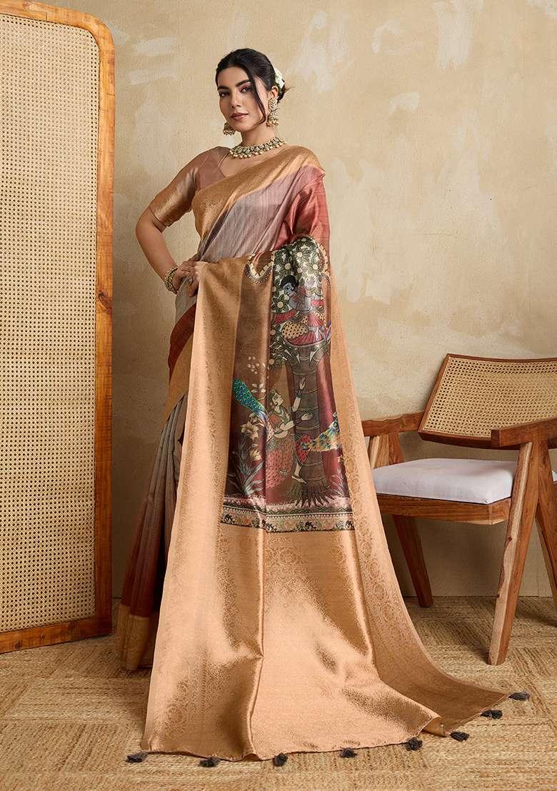 Brown Silk Blend Saree Set with Printed for Diwali | Wedding & Festive Wear - Indya