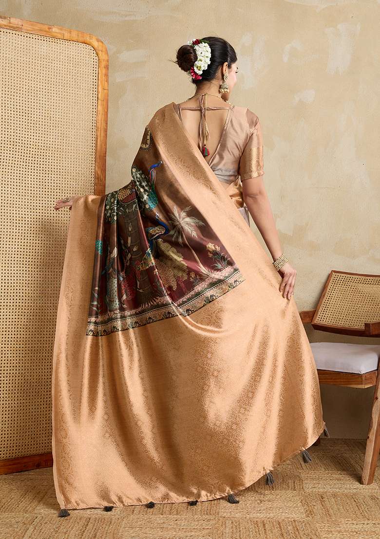 Brown Silk Blend Saree Set with Printed for Diwali | Wedding & Festive Wear - Indya