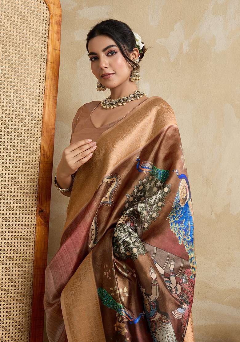 Brown Silk Blend Saree Set with Printed for Diwali | Wedding & Festive Wear - Indya