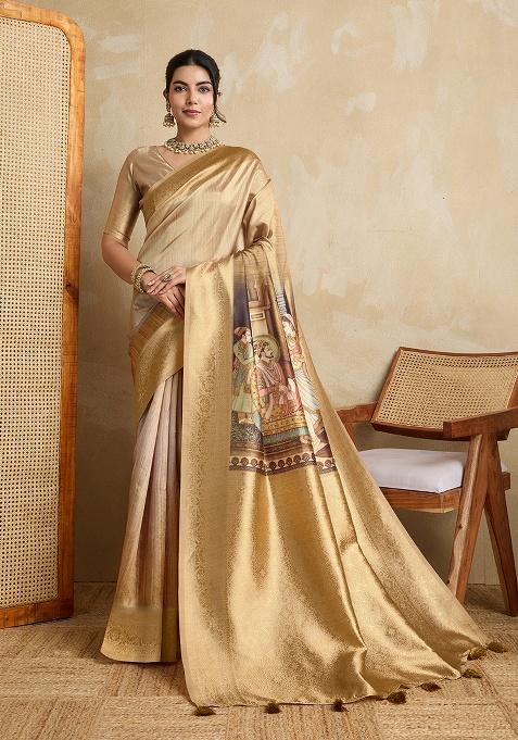 Gold Printed Silk Saree Set