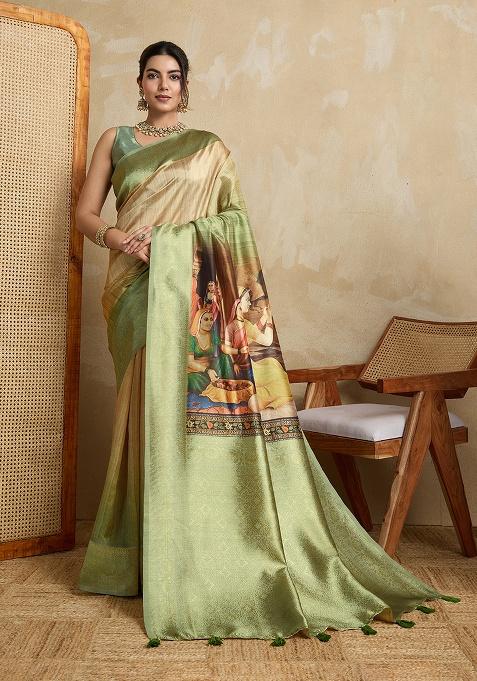 Green Printed Silk Saree Set
