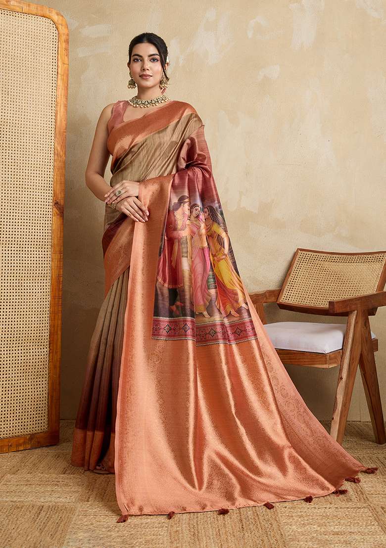 Peach Printed Silk Blend Saree Set for Diwali and Festive Wear - Indya