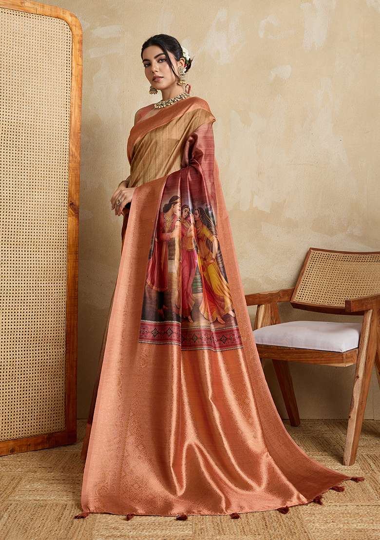 Peach Printed Silk Blend Saree Set for Diwali and Festive Wear - Indya