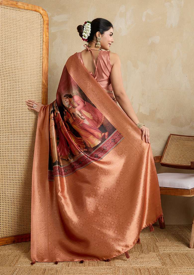 Peach Printed Silk Blend Saree Set for Diwali and Festive Wear - Indya