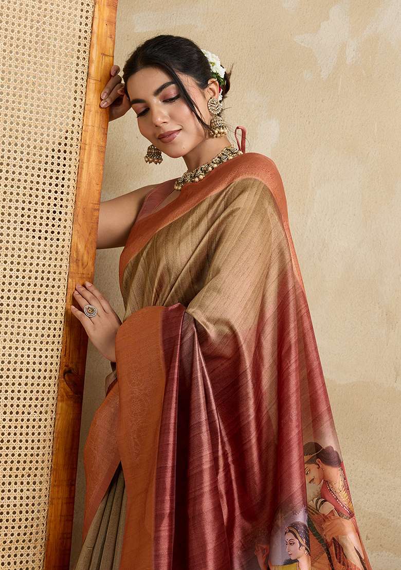 Peach Printed Silk Blend Saree Set for Diwali and Festive Wear - Indya