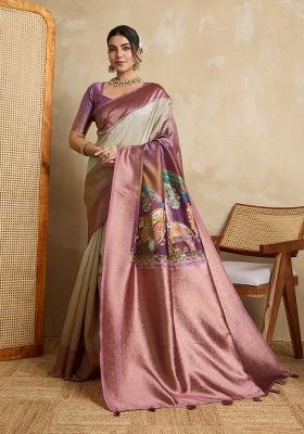 Wine Printed Silk Saree Set