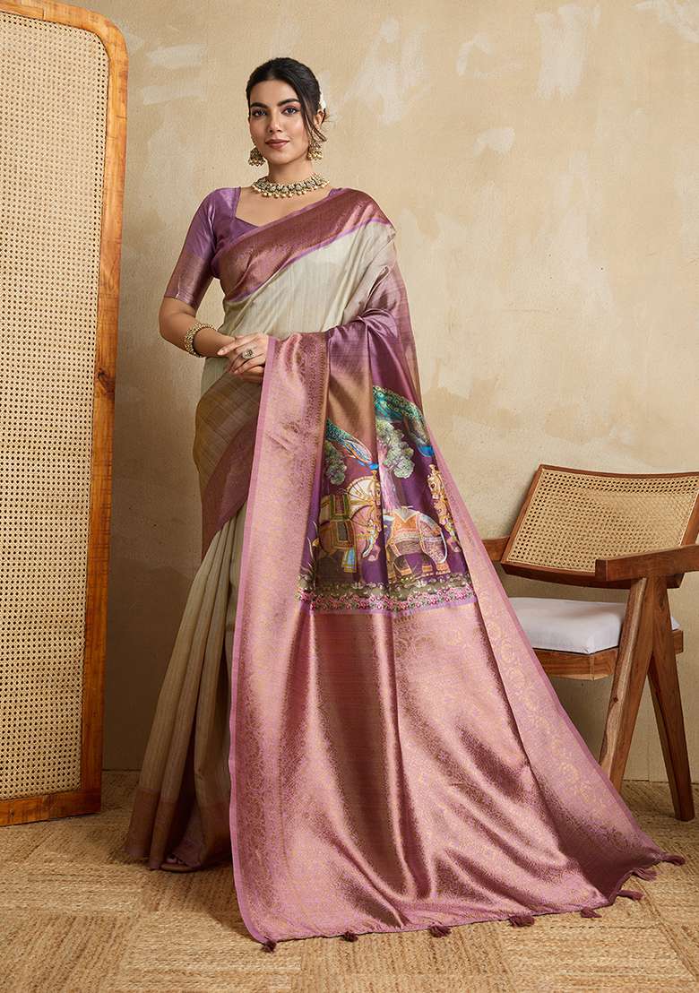 Wine Printed Silk Blend Saree Set for Diwali and Festive Wear - Indya